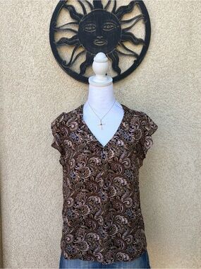 Philosophy Brown Paisley Blouse Cap Sleeve V Neck Boho Top Earth Tones Fall